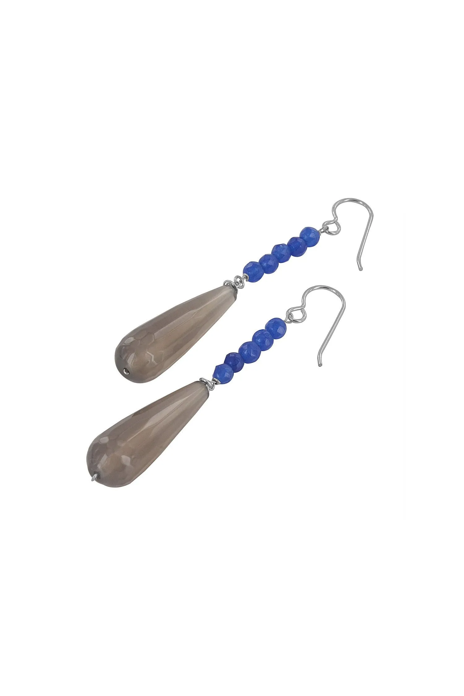 Gray Smokey Agate, Navy Blue Jade Long Earrings