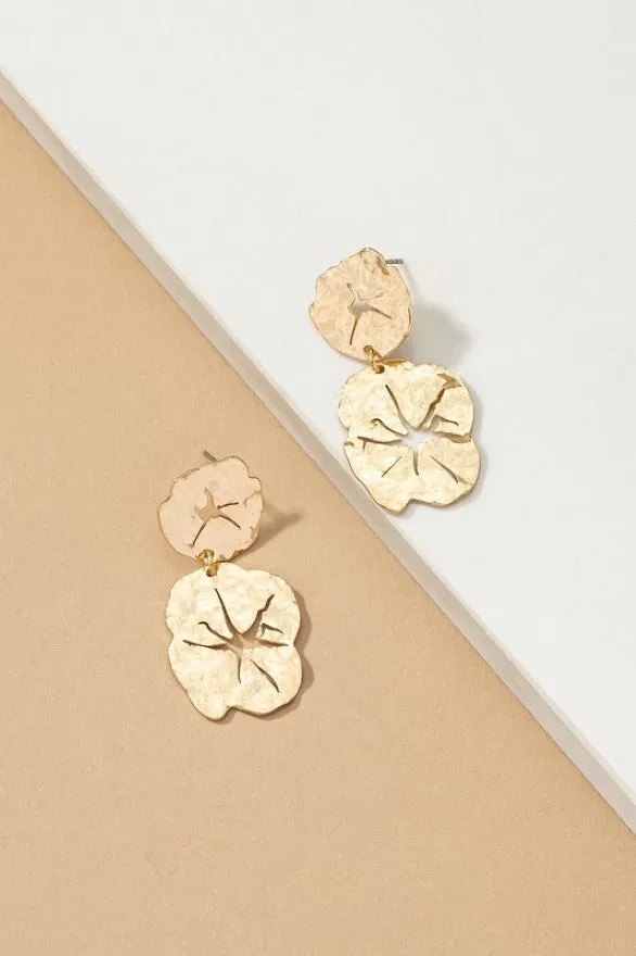 Hammered double metal flower drop earrings