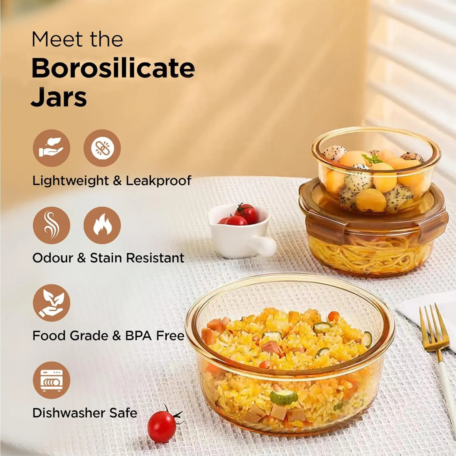 Homestic Borosilicate Glass Container With PP Lid-Round|JDA027-AMB|Light Orange|890 ML|Pack Of 3