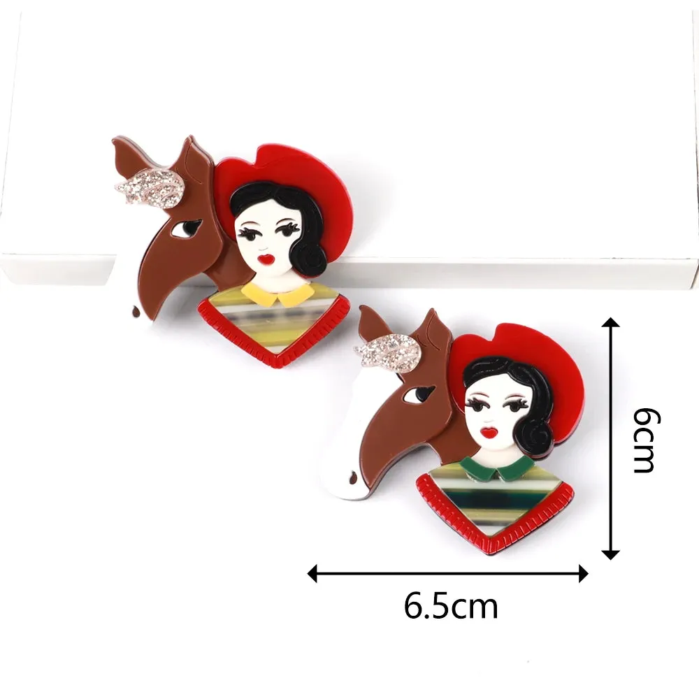 Horse And Cowgirl Acrylic Brooch