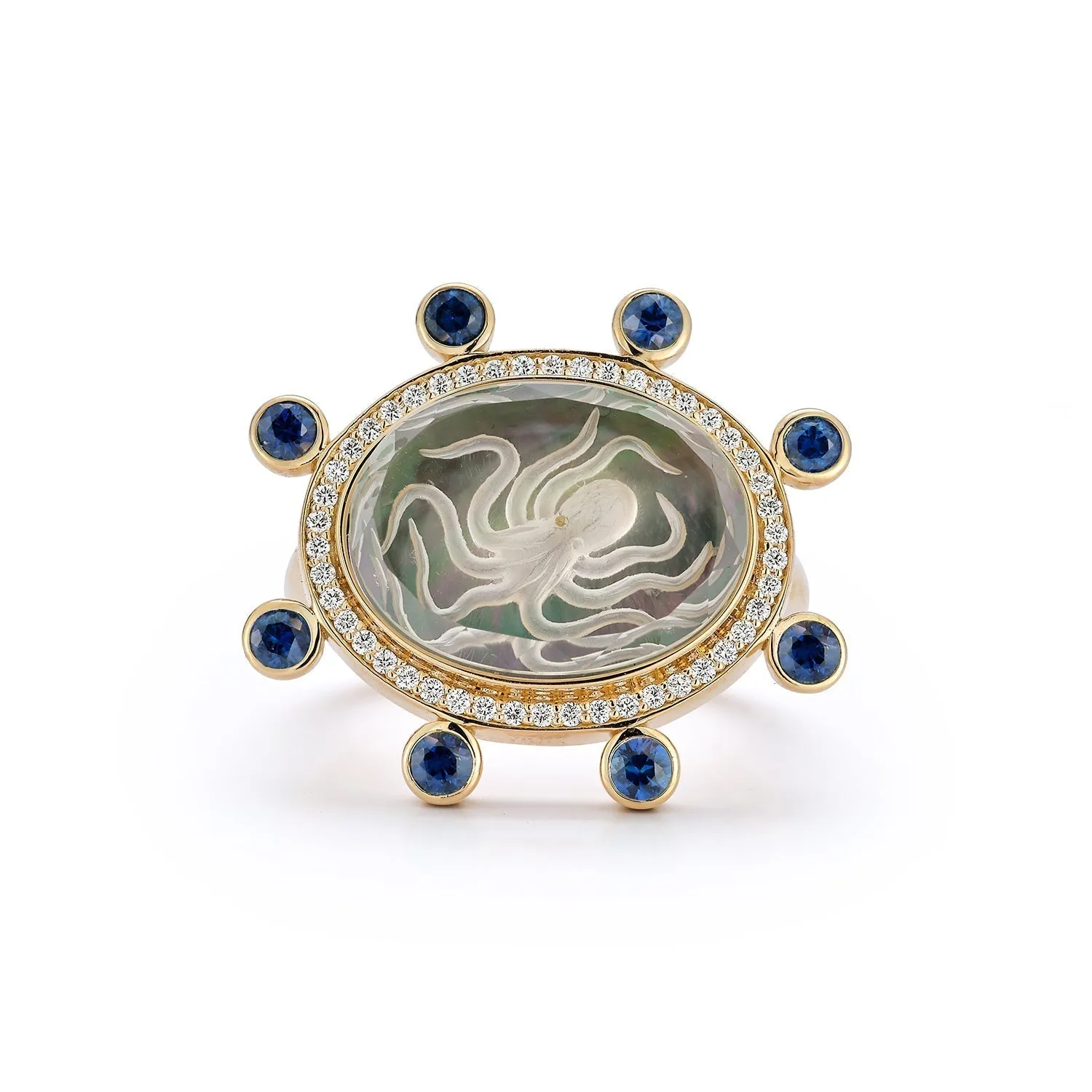 Large Octopus Caspian Ring- Grey Mother-of Pearl, Diamond and Deep Sapphire