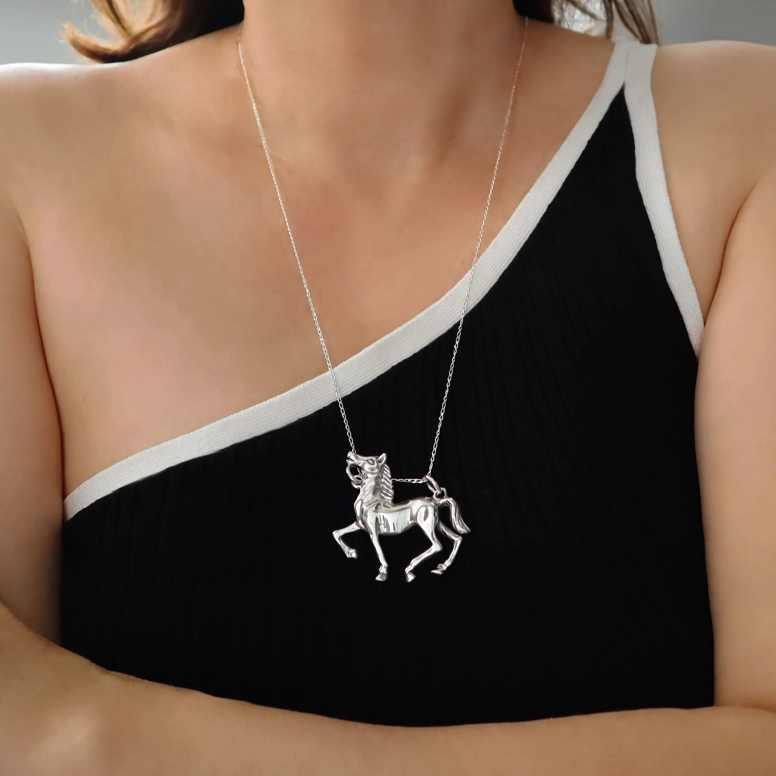 Large Sterling Silver Horse Pendant Necklace