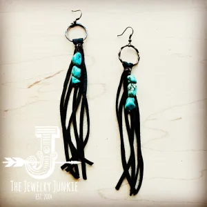 **Leather Fringe Earrings with Turquoise Chunks Black 218n