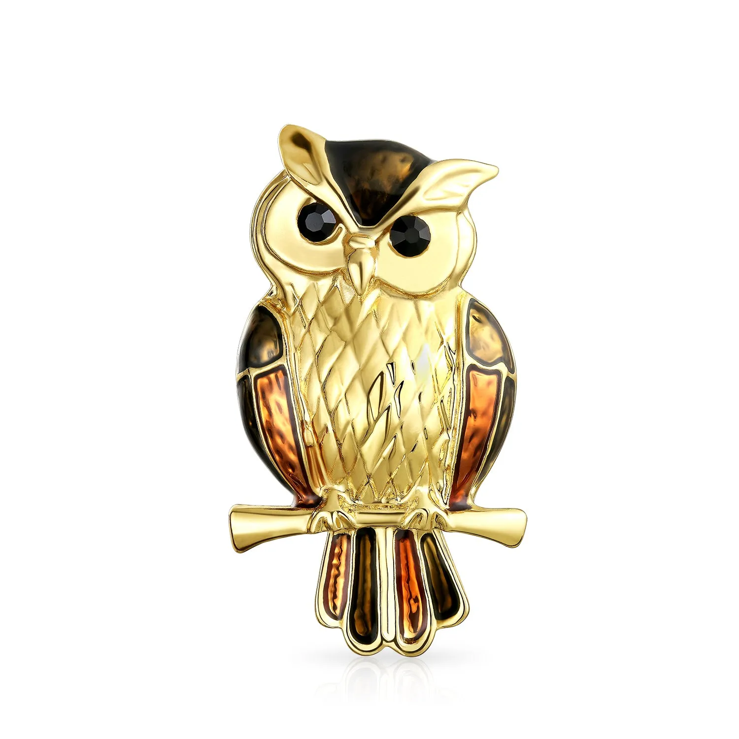 Lucky Large Fashion Golden Brown Enamel Owl Brooche Pin on Branch Gold Plated