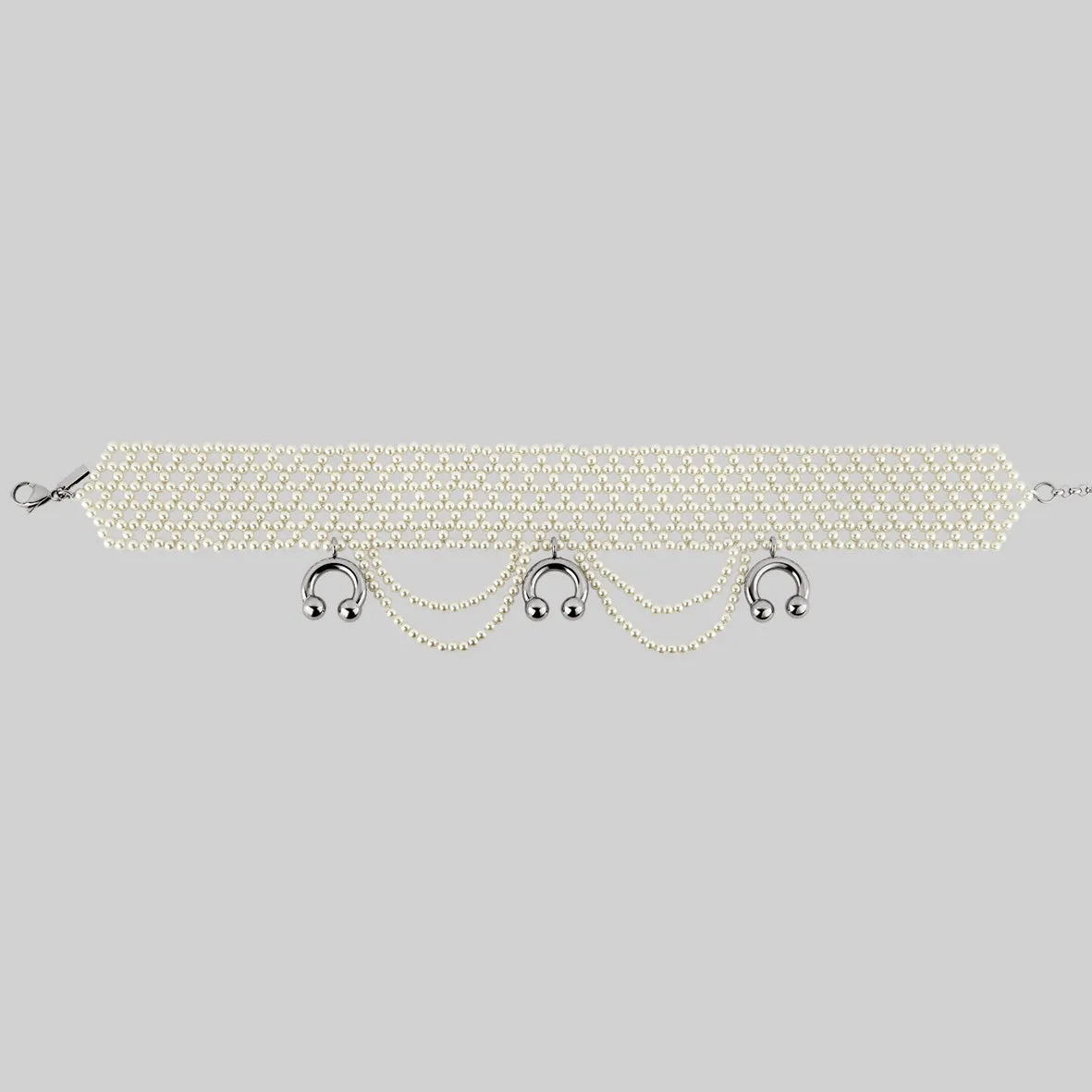 MAGNIFIQUE. Wide Pearl and Barbell Choker - Silver