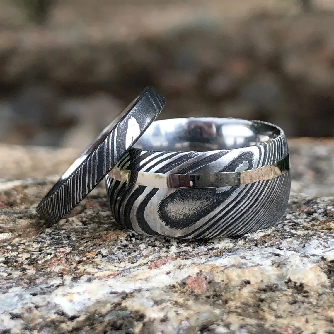 Matching Damascus Rings with 14k White Gold Inlay and Woodgrain Finish, Damascus Rings