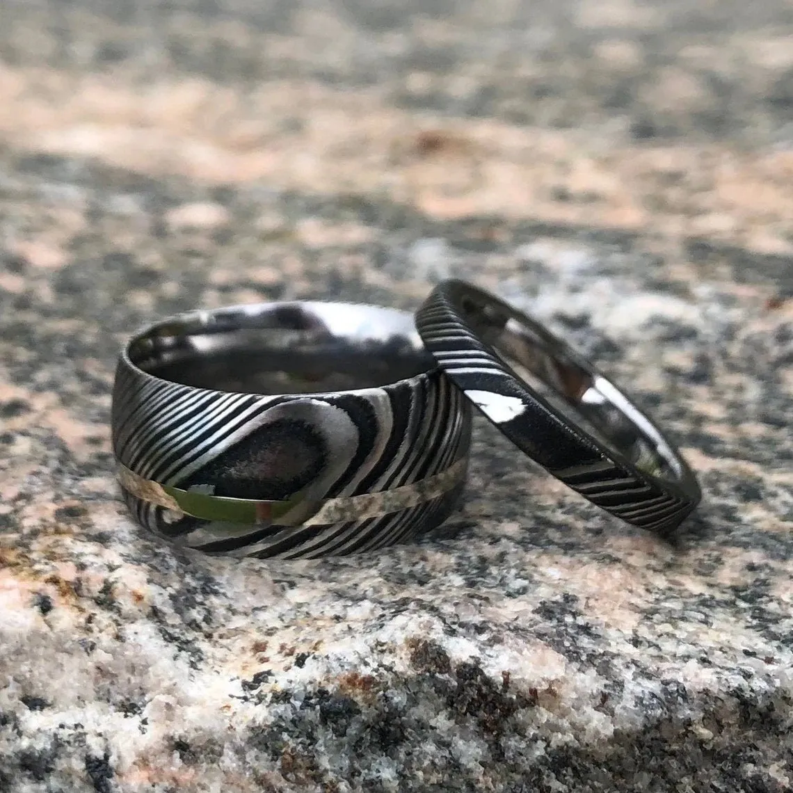 Matching Damascus Rings with 14k White Gold Inlay and Woodgrain Finish, Damascus Rings