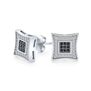 Mens 10MM Square Black & White CZ Stud Earrings in Sterling Silver