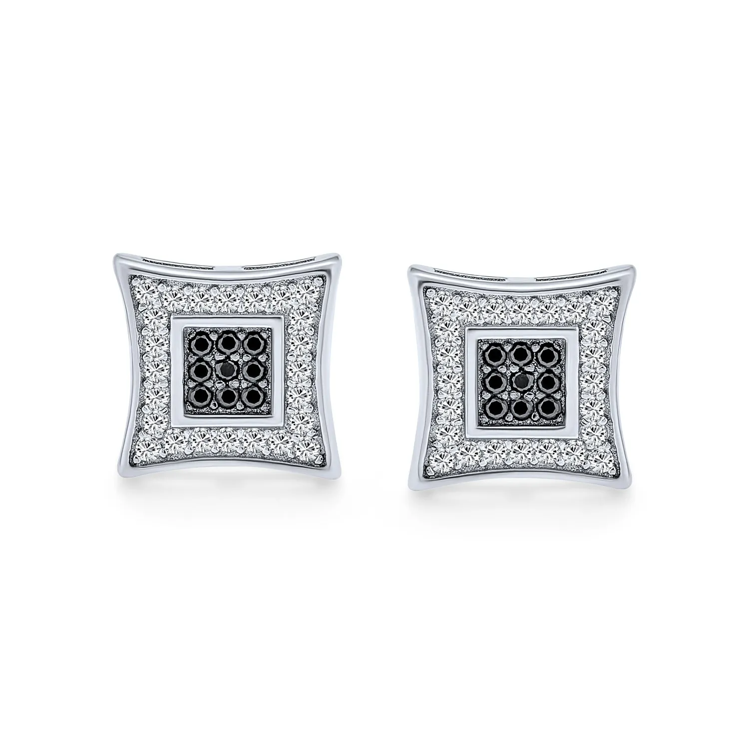 Mens 10MM Square Black & White CZ Stud Earrings in Sterling Silver