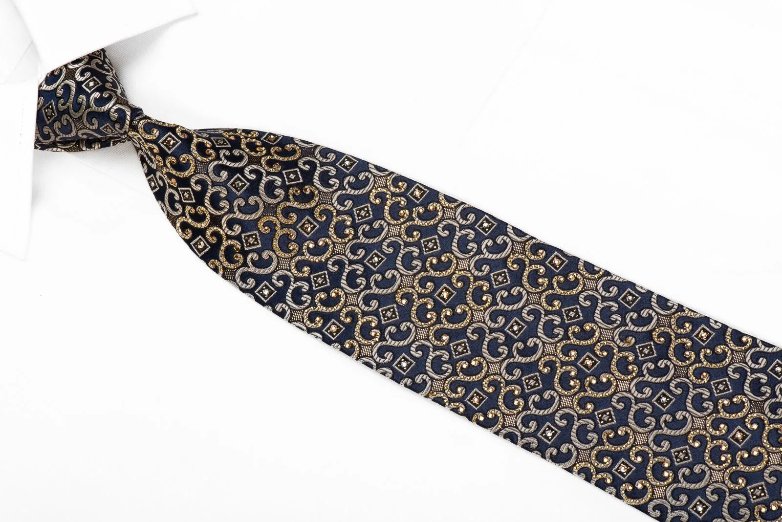 Men's Crystal Silk Necktie Golden Scrolls On Navy With Gold Studs