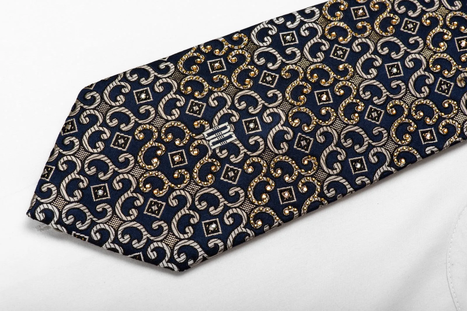 Men's Crystal Silk Necktie Golden Scrolls On Navy With Gold Studs