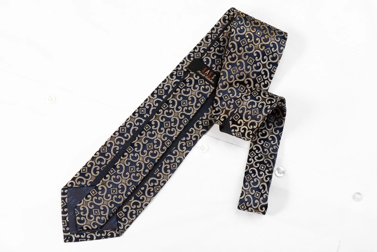 Men's Crystal Silk Necktie Golden Scrolls On Navy With Gold Studs