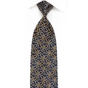 Men's Crystal Silk Necktie Golden Scrolls On Navy With Gold Studs