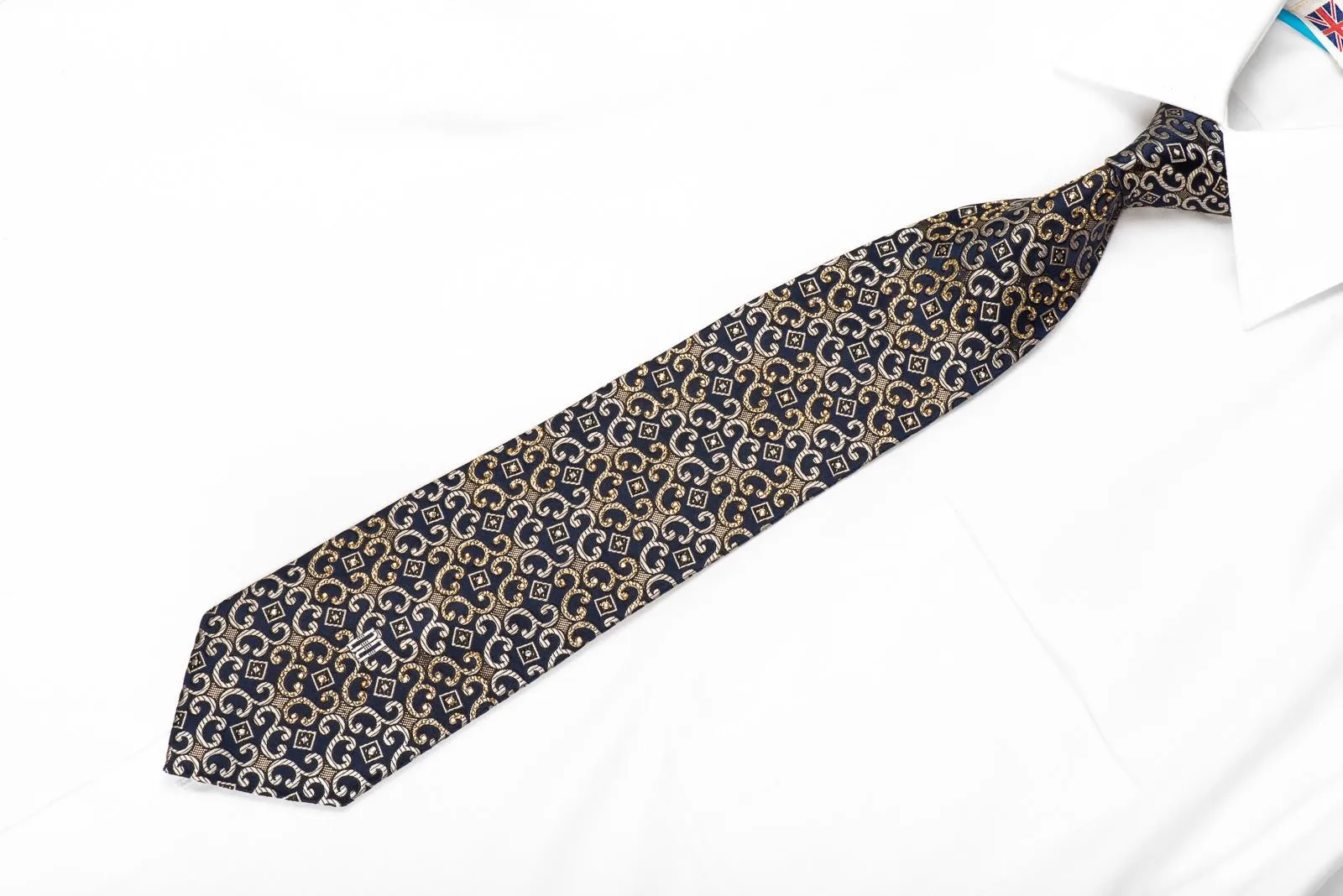 Men's Crystal Silk Necktie Golden Scrolls On Navy With Gold Studs