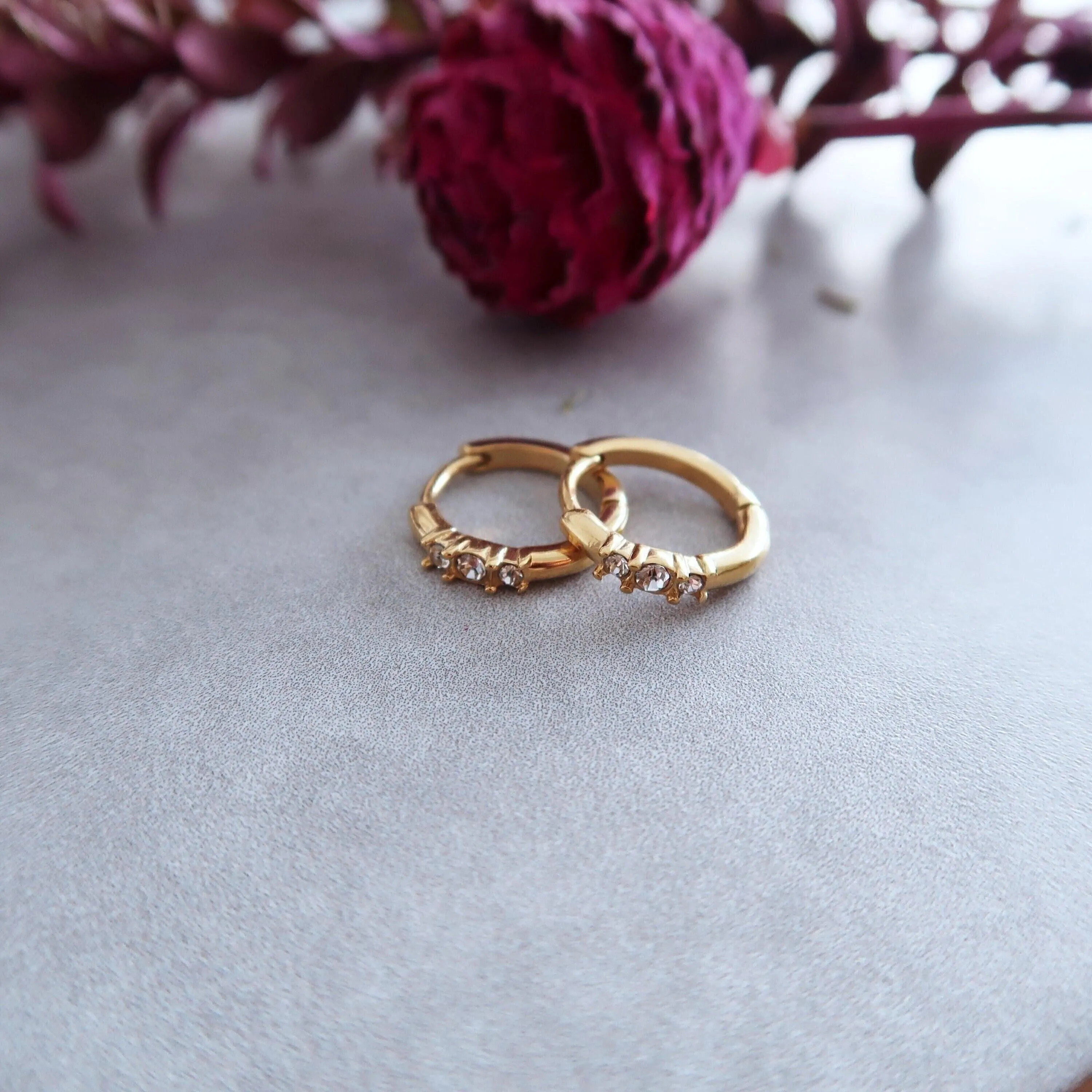 Mini Gold Three CZ Stone Hoop Earrings