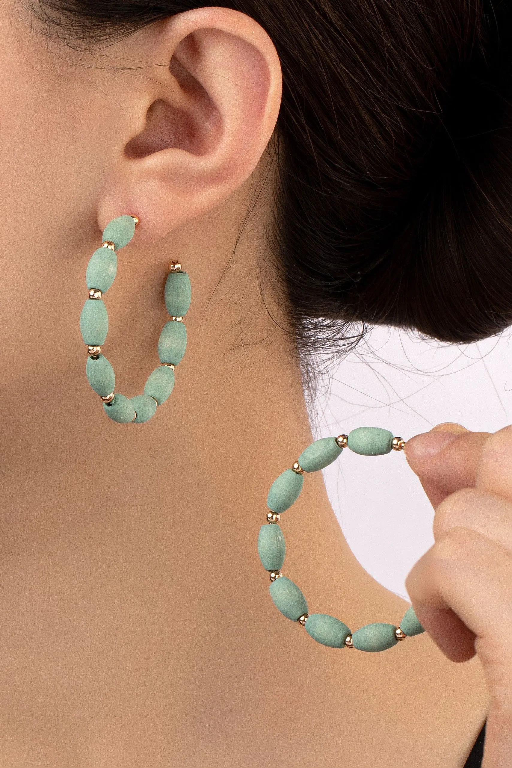 Mint Spindle Shape Wood Beaded Hoop Earrings