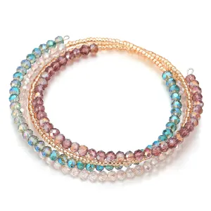 Multi-Wrap Stackable Beaded Wire Bracelets Champagne Gold Beads with Pale Blue Purple Pink Crystal