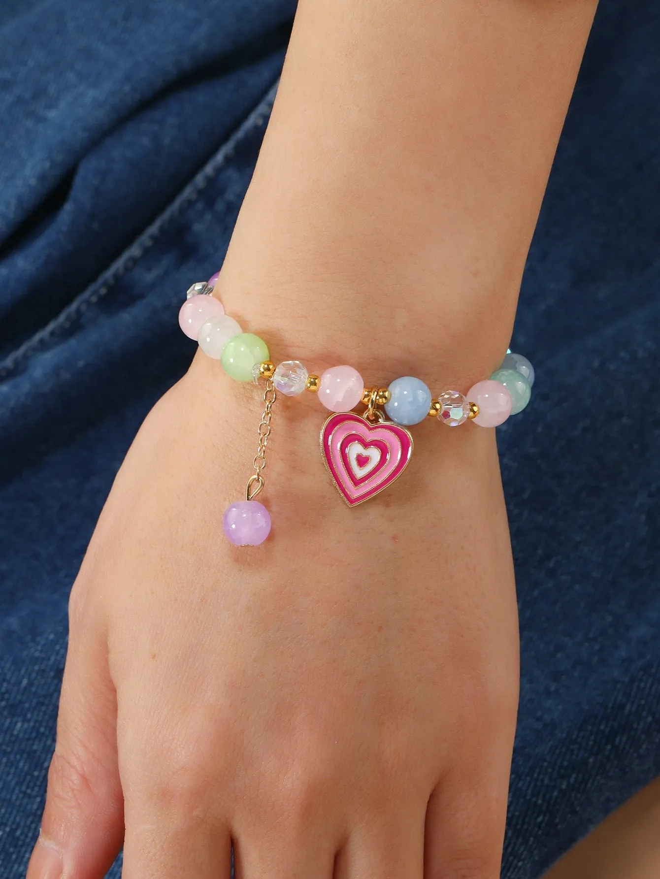 Multicolor Heart Charm Beaded Bracelet for Women Men Stretchy Stackable