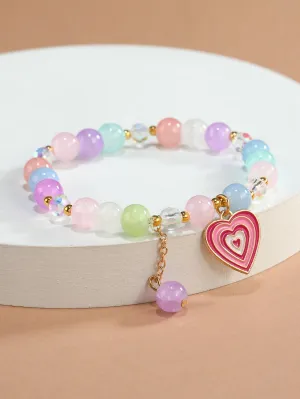 Multicolor Heart Charm Beaded Bracelet for Women Men Stretchy Stackable