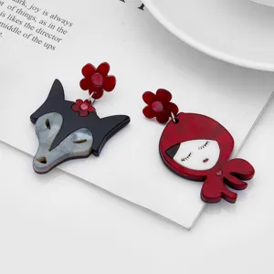 Red and the Wolf Asymmetric Earrings Acrylic Jewellery