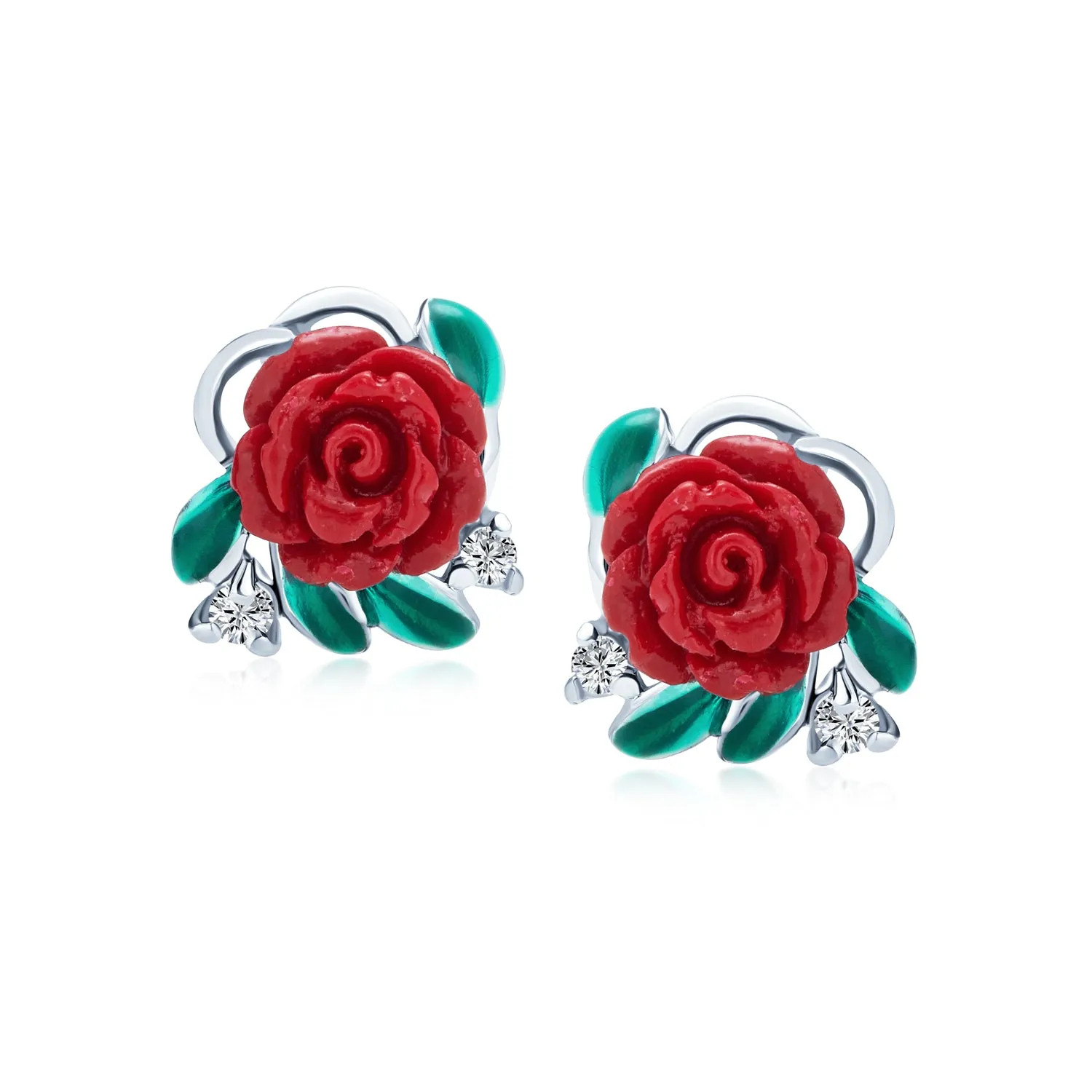 Romantic Floral Blooming Flower CZ Stud Earrings with Green Leaf and Red Rose