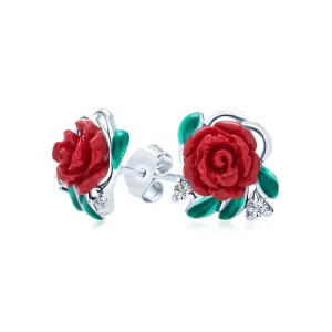 Romantic Floral Blooming Flower CZ Stud Earrings with Green Leaf and Red Rose