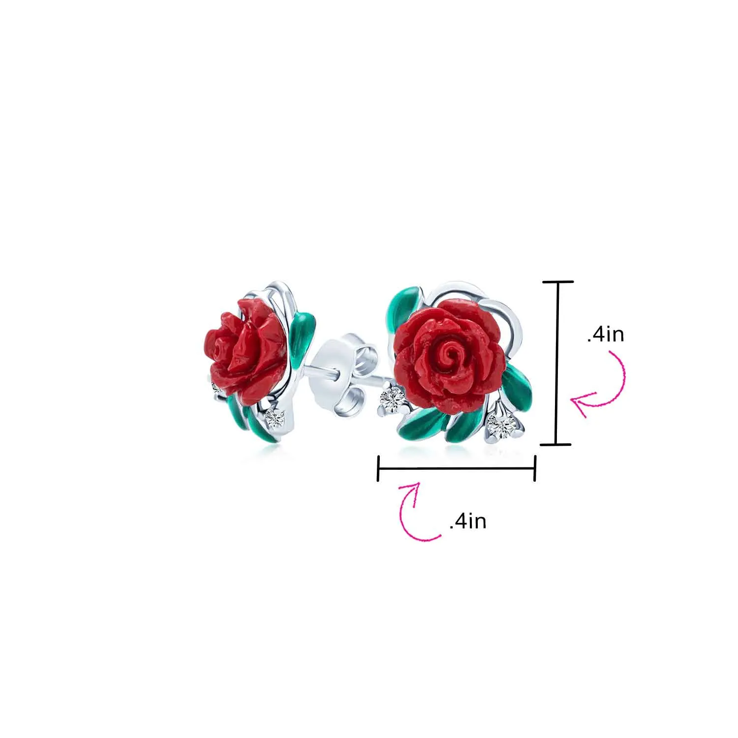 Romantic Floral Blooming Flower CZ Stud Earrings with Green Leaf and Red Rose