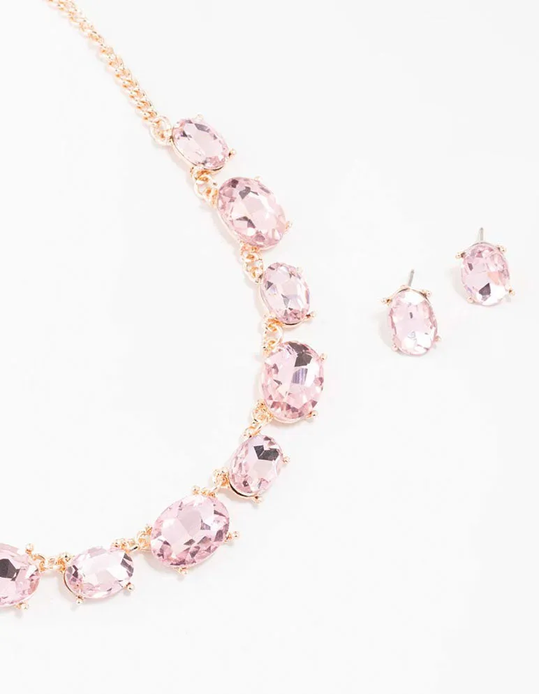 Rose Gold Pink Stone Necklace & Earring Set