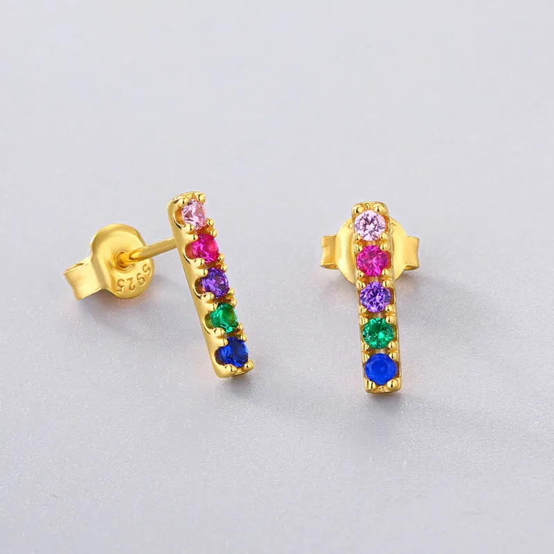 Round Shape Rainbow Zircon Strip Type Silver Stud Earrings