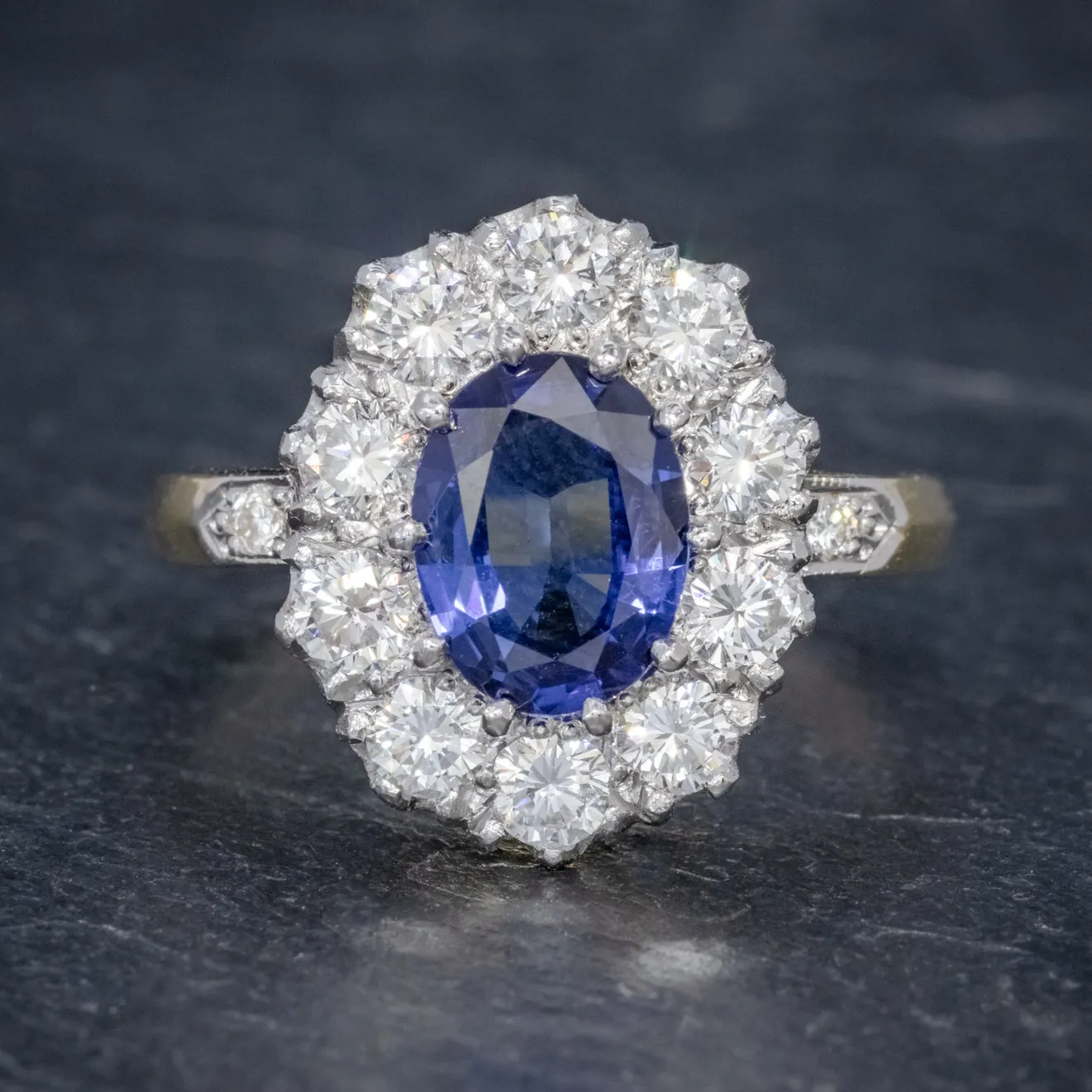 Sapphire Diamond Cluster Ring 18Ct Gold Platinum 2Ct Sapphire 1.10Ct Diamond