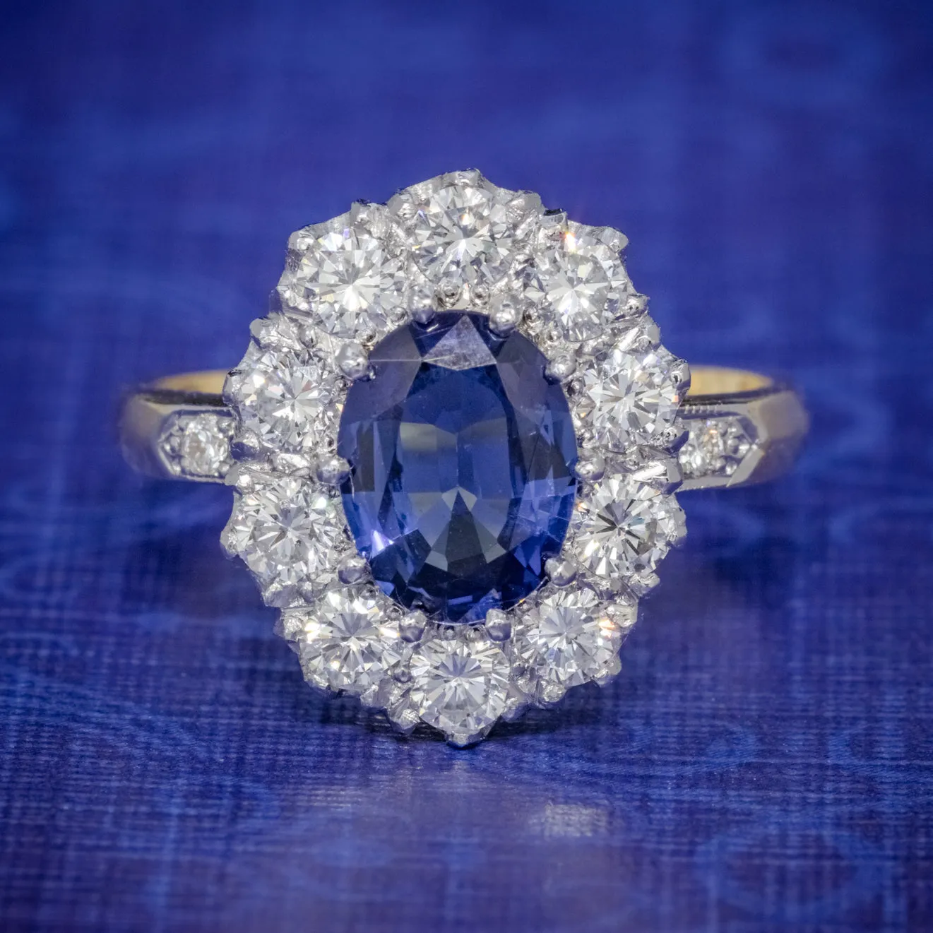 Sapphire Diamond Cluster Ring 18Ct Gold Platinum 2Ct Sapphire 1.10Ct Diamond