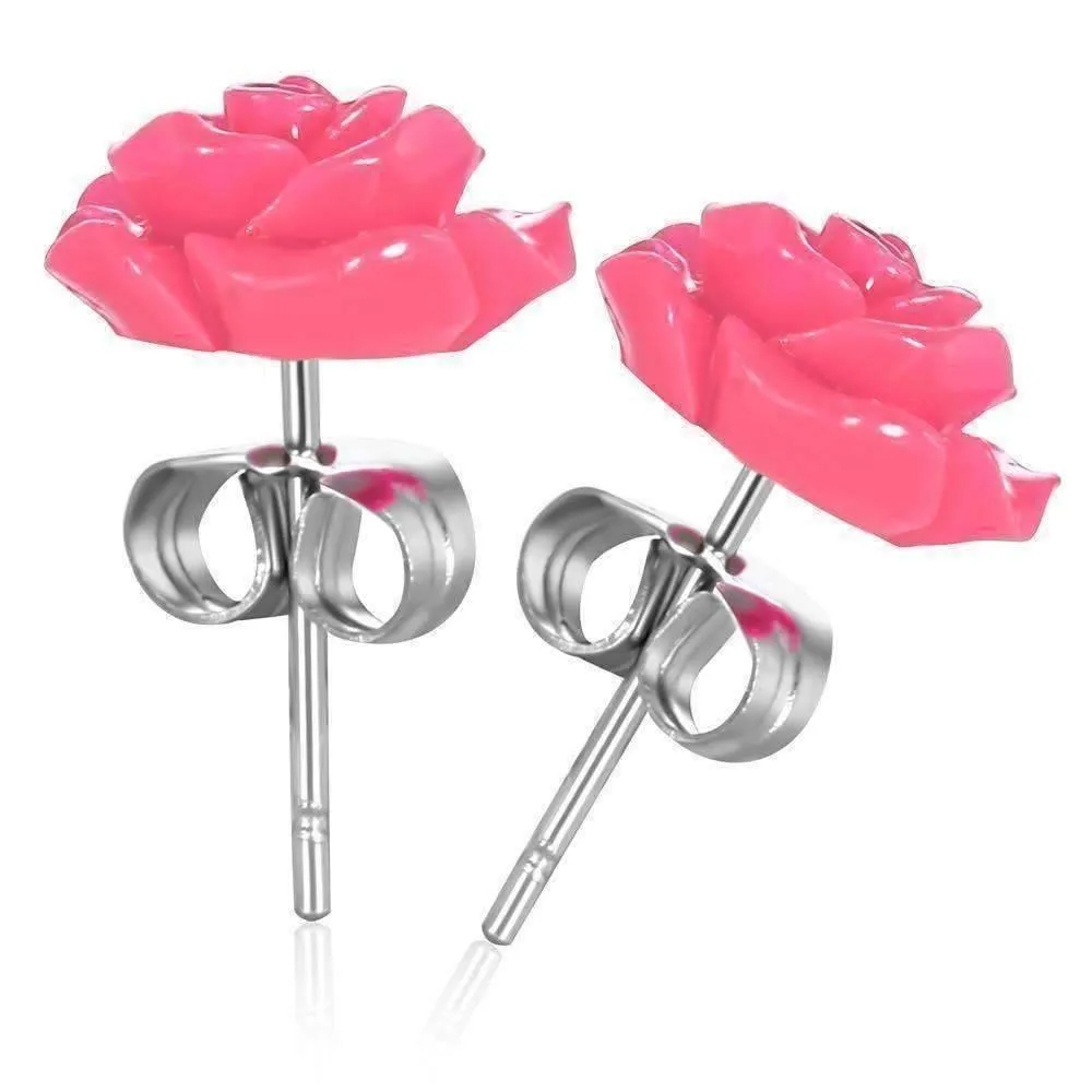 Shimmering Pink Rose Stud Earrings