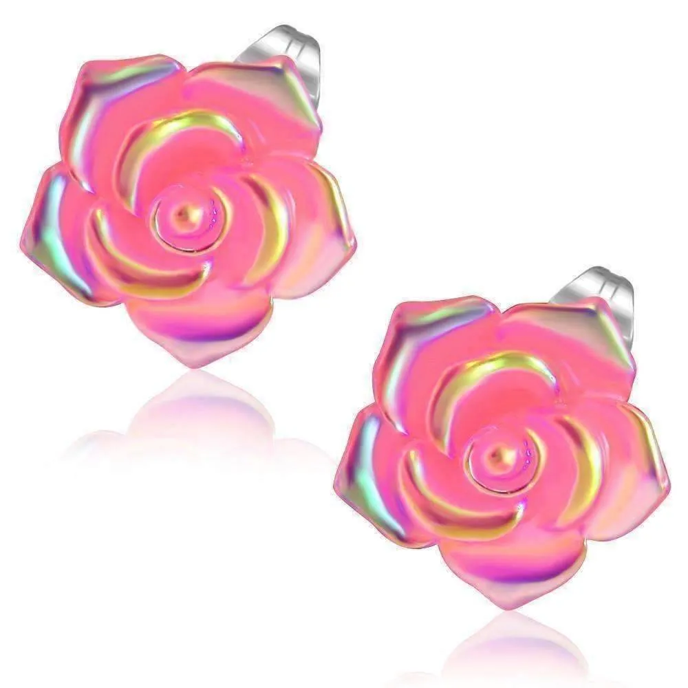 Shimmering Pink Rose Stud Earrings