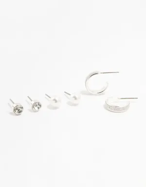 Silver Diamante & Glitter Earrings 3-Pack