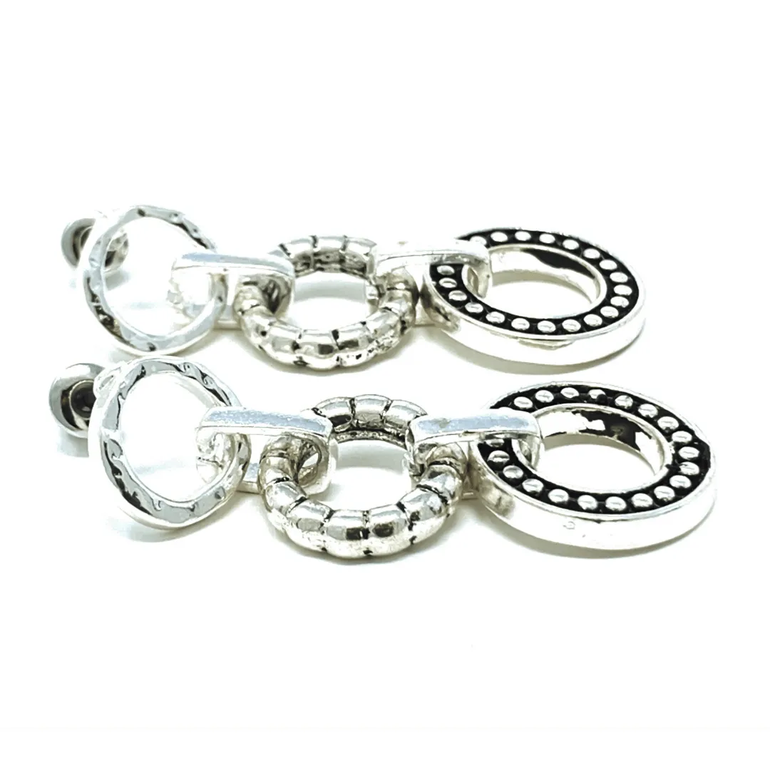 Silver Textured Linked Open Circle Drop Earrings