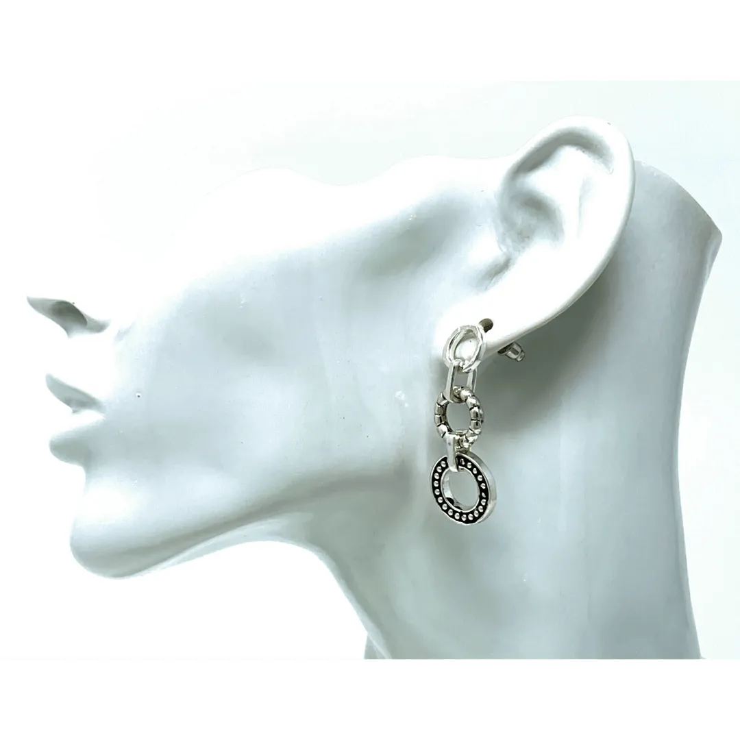 Silver Textured Linked Open Circle Drop Earrings