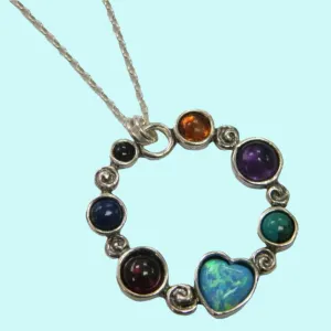 Sterling Silver necklace Blue Opal and Gemstones Pendant Hippie Jewelry