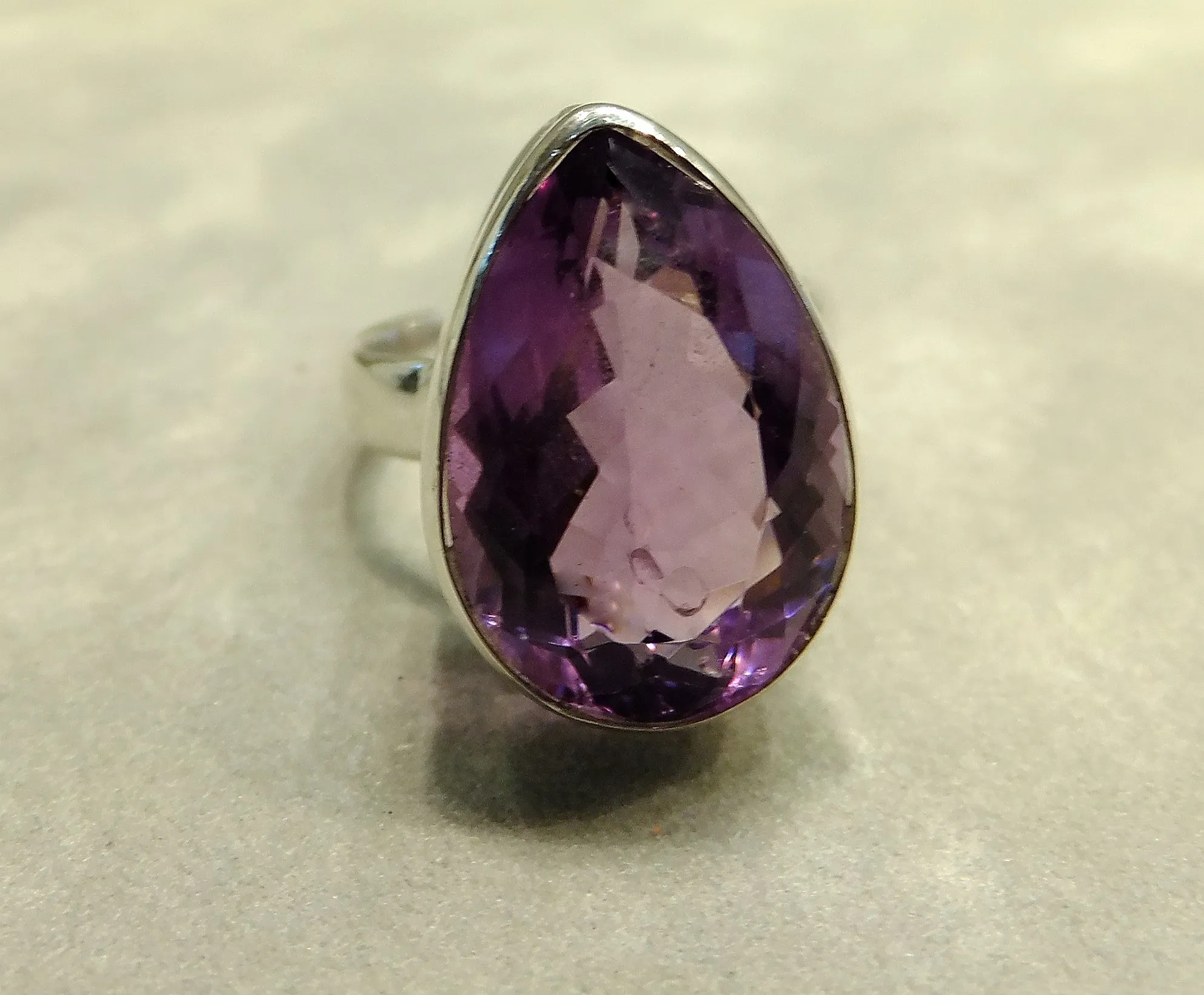 Teardrop Facet Natural Amethyst Gemstone Ring