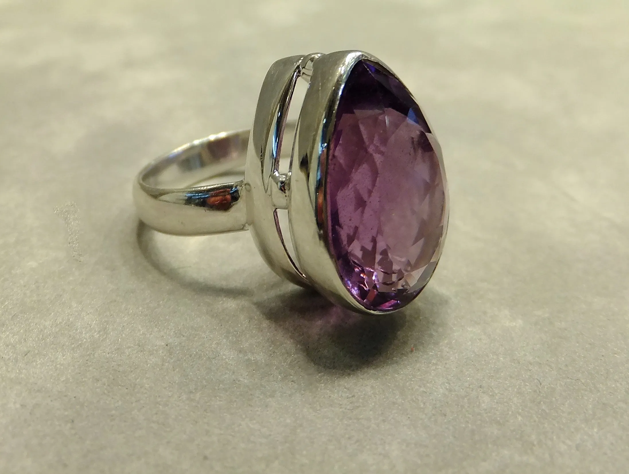 Teardrop Facet Natural Amethyst Gemstone Ring