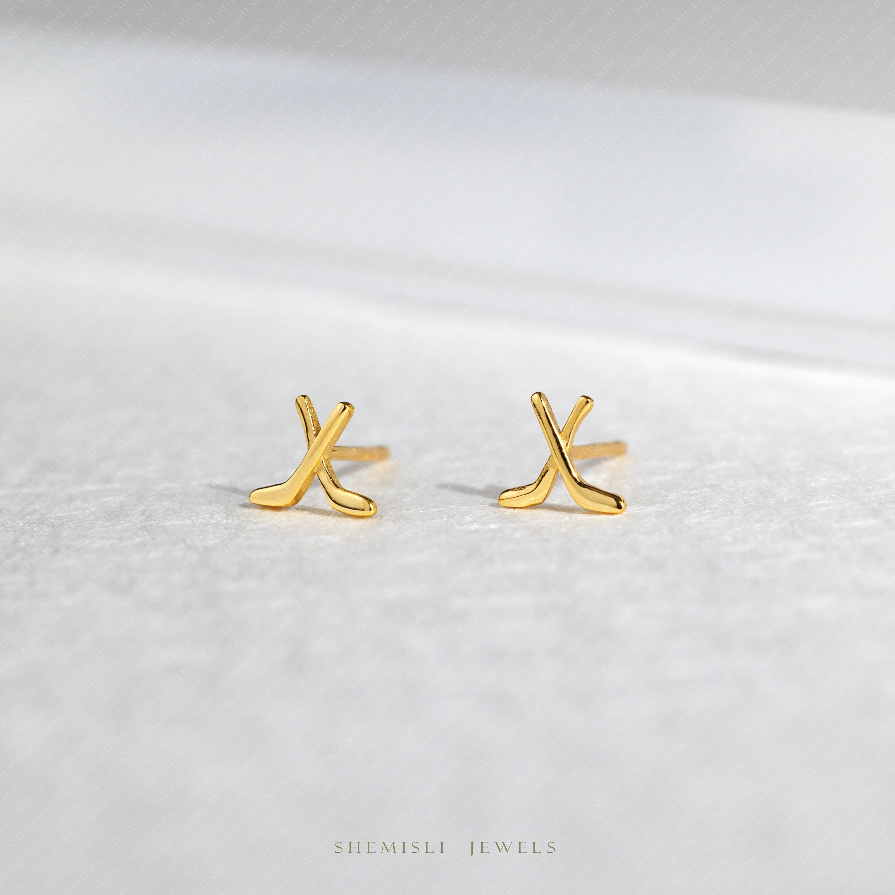 Tiny Hockey Stick Studs Earrings, Unisex, Gold, Silver SHEMISLI SS833 Butterfly End, SS834 Screw Ball End (Type A)