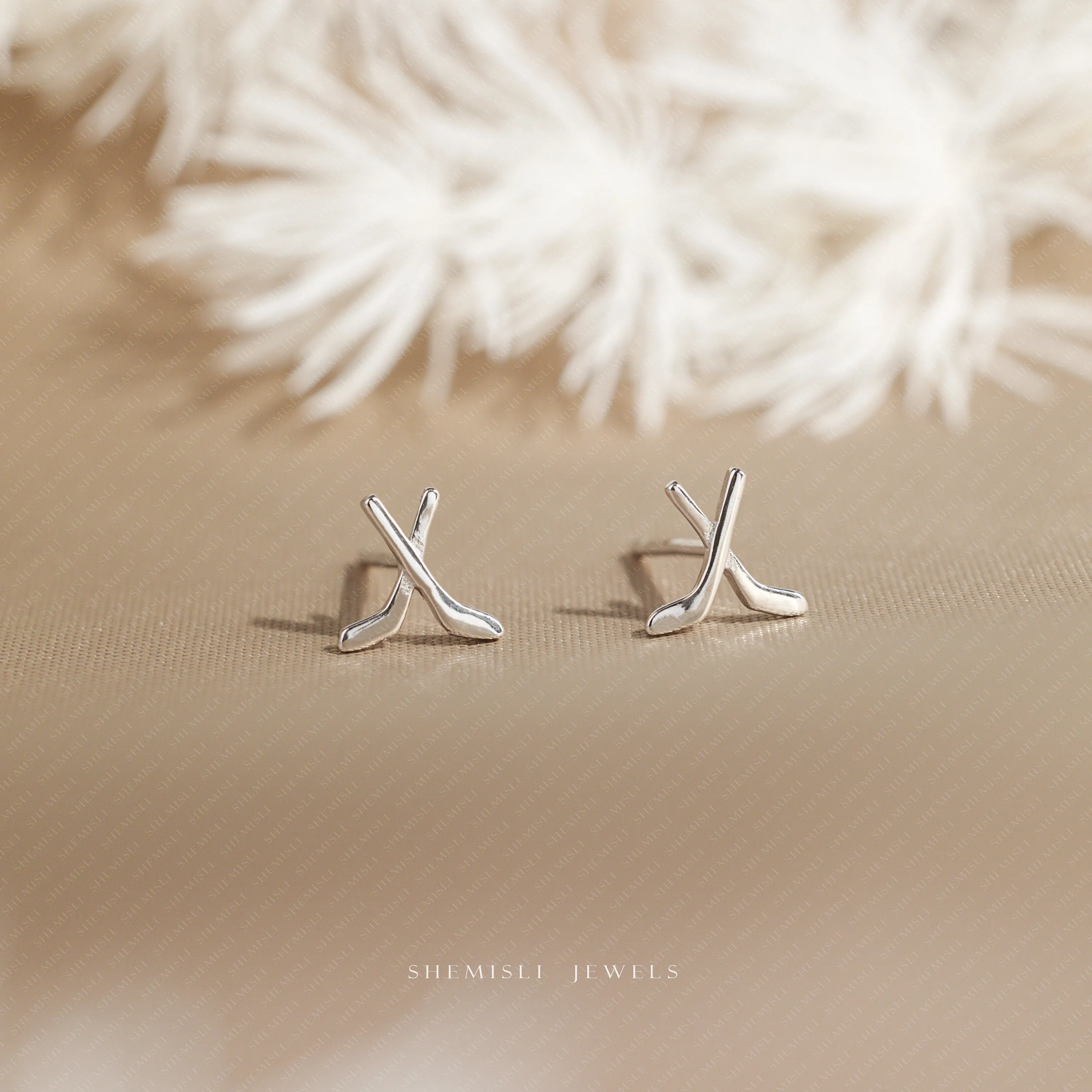 Tiny Hockey Stick Studs Earrings, Unisex, Gold, Silver SHEMISLI SS833 Butterfly End, SS834 Screw Ball End (Type A)