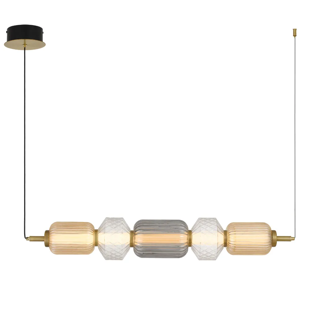 Torso 5 Light Linear Brass Contemporary Warm White LED Pendant Light with Textured Glass