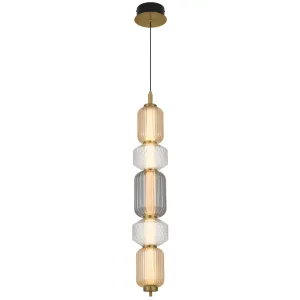 Torso 5 Light Linear Brass Contemporary Warm White LED Pendant Light with Textured Glass