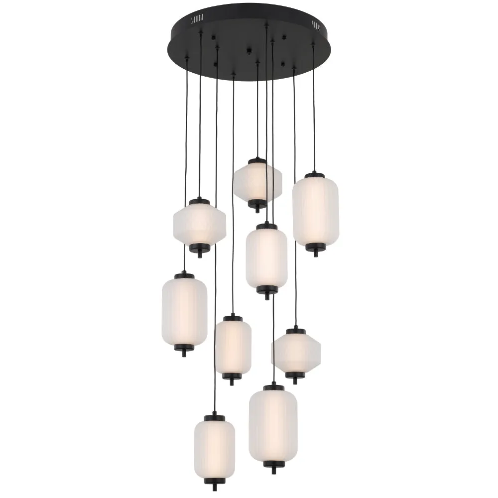 Torso 9 Light Cluster Black Contemporary Warm White LED Pendant Light with Textured Glass