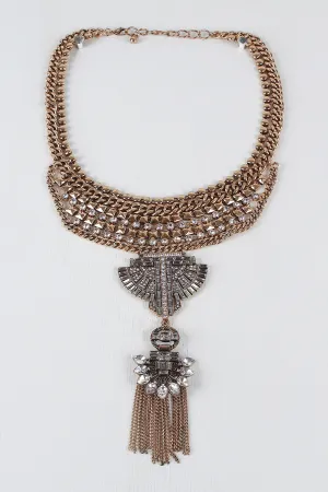 Tribal Rhinestone Chain Fringe Statement Necklace