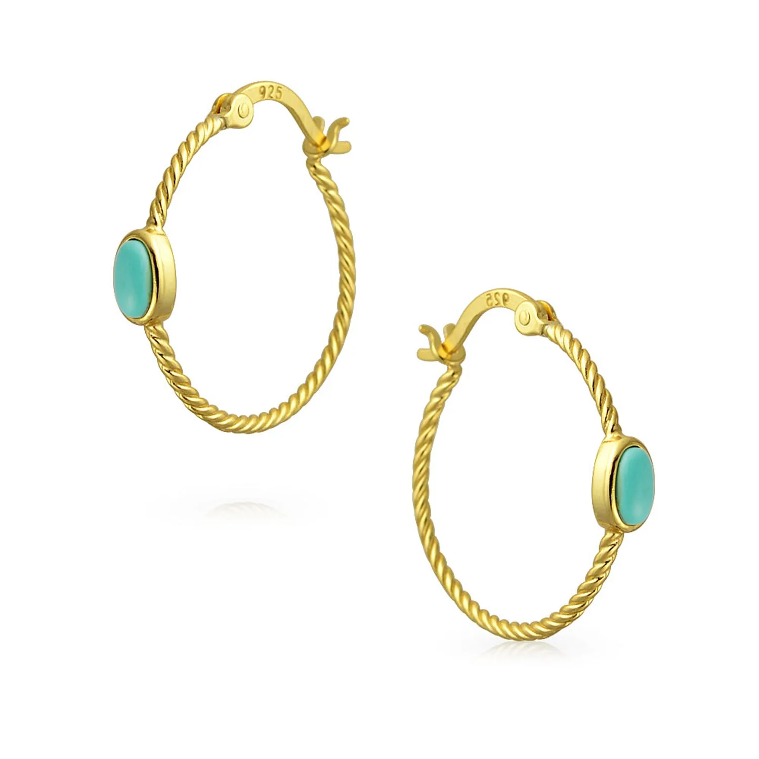 Twisted Cable Hoop Huggie Earrings with Turquoise 14K Gold Plated Sterling Silver