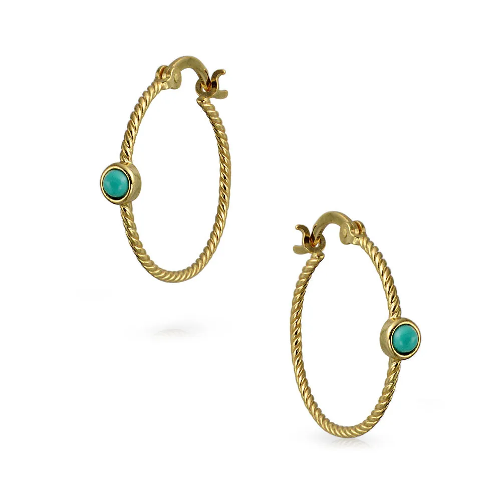 Twisted Cable Hoop Huggie Earrings with Turquoise 14K Gold Plated Sterling Silver