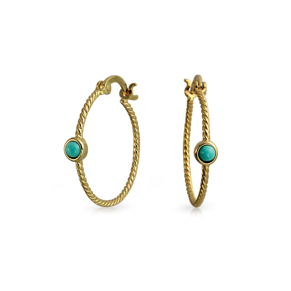 Twisted Cable Hoop Huggie Earrings with Turquoise 14K Gold Plated Sterling Silver