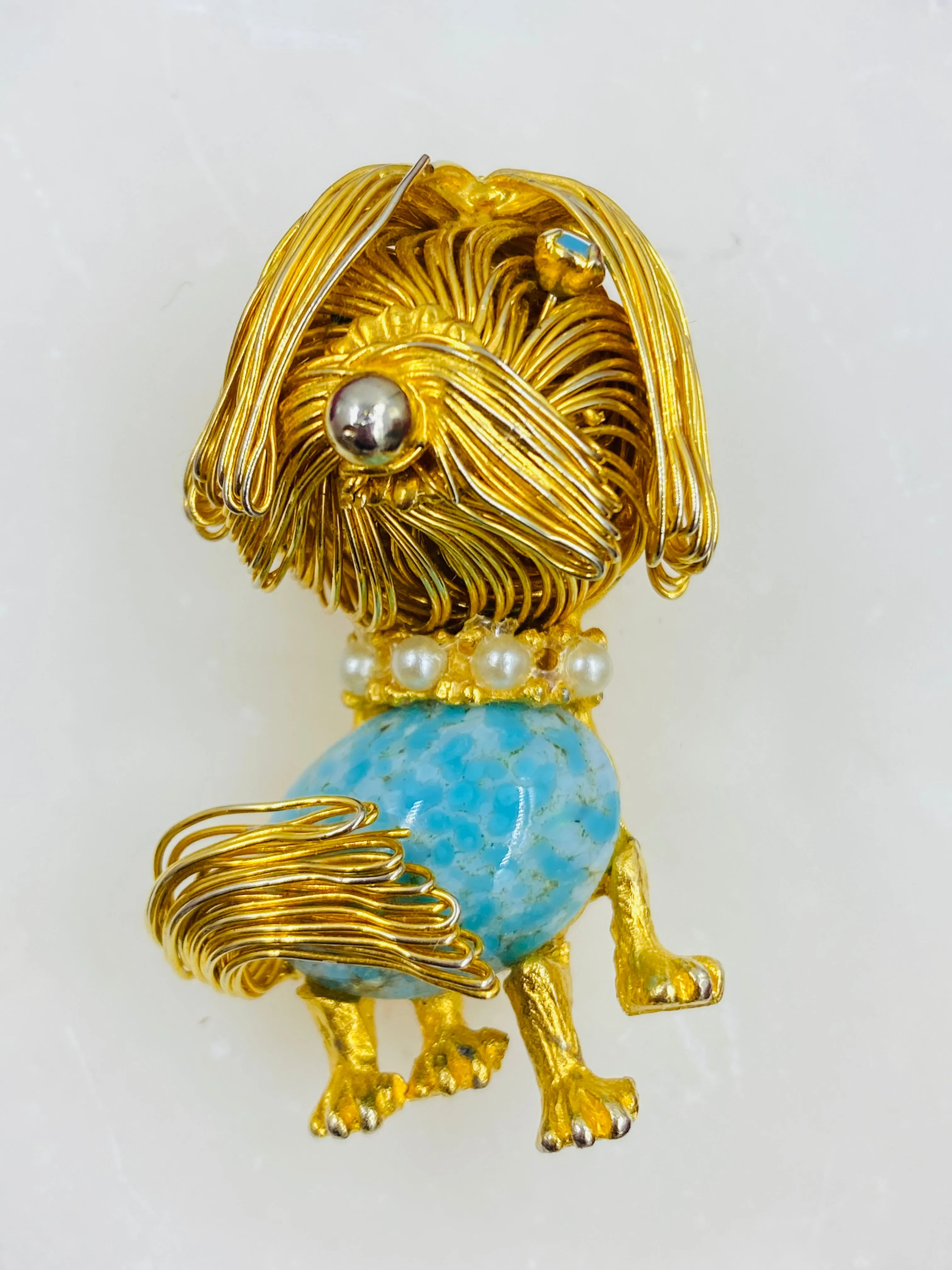 Vintage Gold Wire Turquoise Dog Brooch