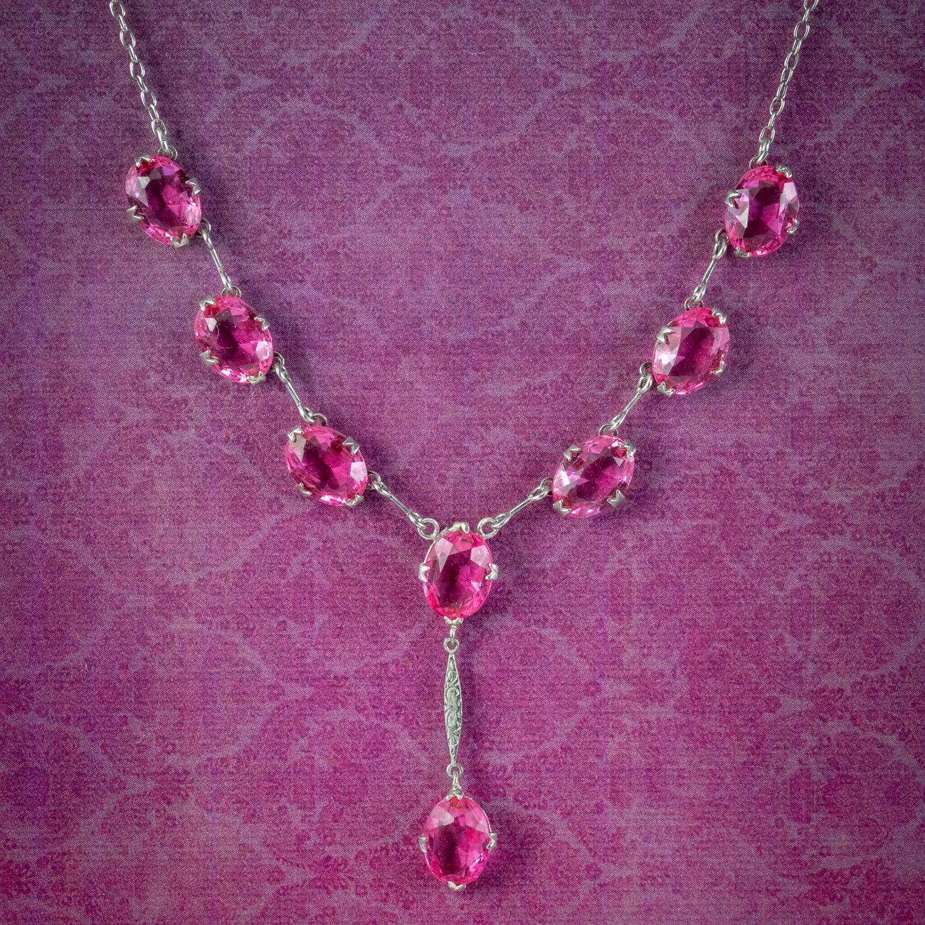 Vintage Pink Paste Lavaliere Necklace Silver